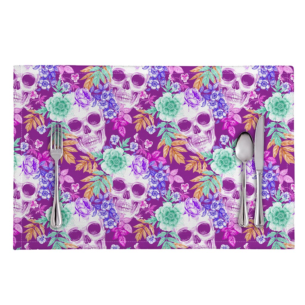 Neon Skull Floral Pattern Print Placemat