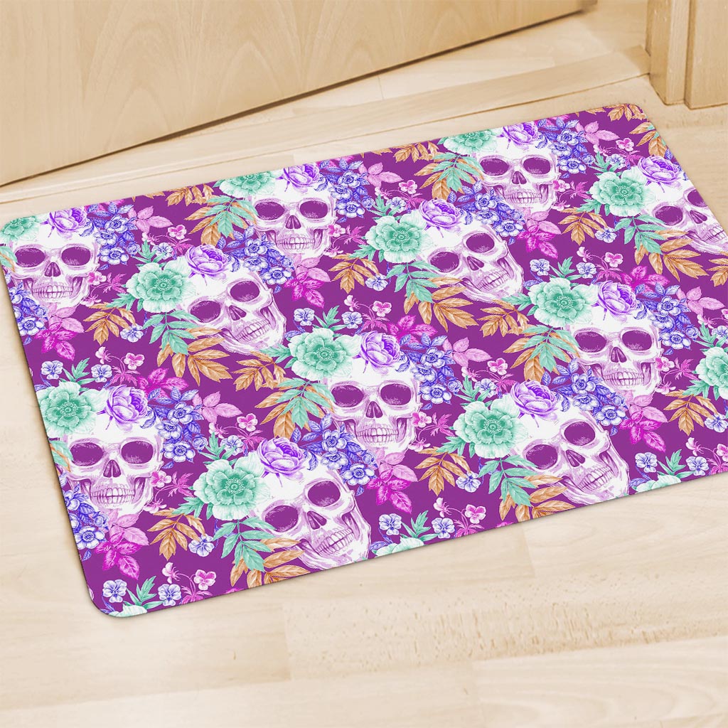 Neon Skull Floral Pattern Print Polyester Doormat