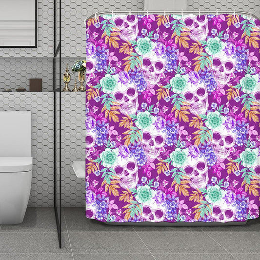 Neon Skull Floral Pattern Print Polyester Shower Curtain