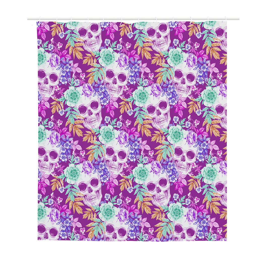 Neon Skull Floral Pattern Print Polyester Shower Curtain