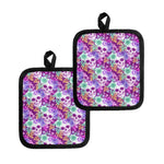 Neon Skull Floral Pattern Print Pot Holders