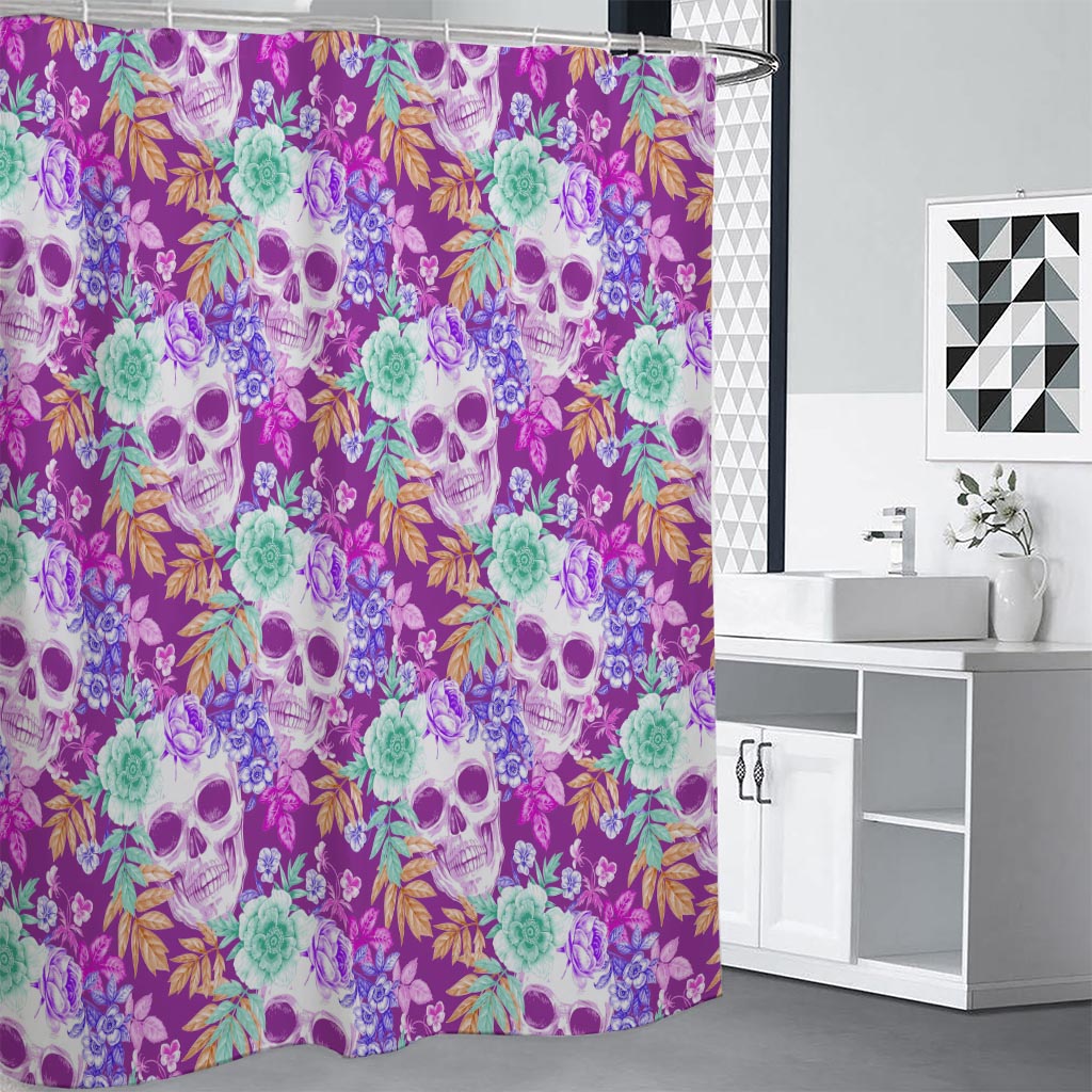Neon Skull Floral Pattern Print Premium Shower Curtain