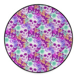 Neon Skull Floral Pattern Print Round Floor Mat