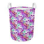 Neon Skull Floral Pattern Print Round Laundry Basket