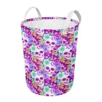 Neon Skull Floral Pattern Print Round Laundry Basket