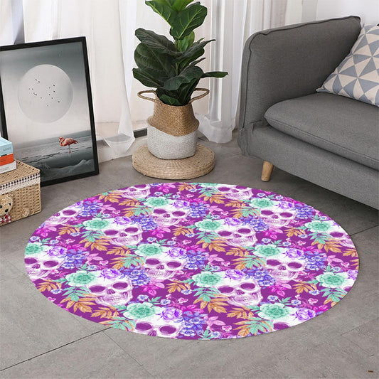 Neon Skull Floral Pattern Print Round Rug