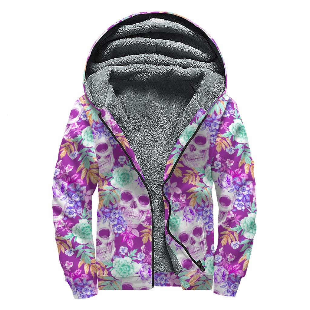 Neon Skull Floral Pattern Print Sherpa Lined Zip Up Hoodie