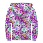 Neon Skull Floral Pattern Print Sherpa Lined Zip Up Hoodie