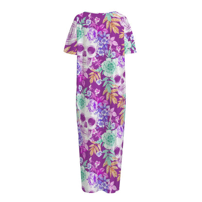 Neon Skull Floral Pattern Print Short Sleeve Long Nightdress