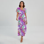 Neon Skull Floral Pattern Print Short Sleeve Maxi Dress