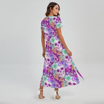 Neon Skull Floral Pattern Print Short Sleeve Maxi Dress