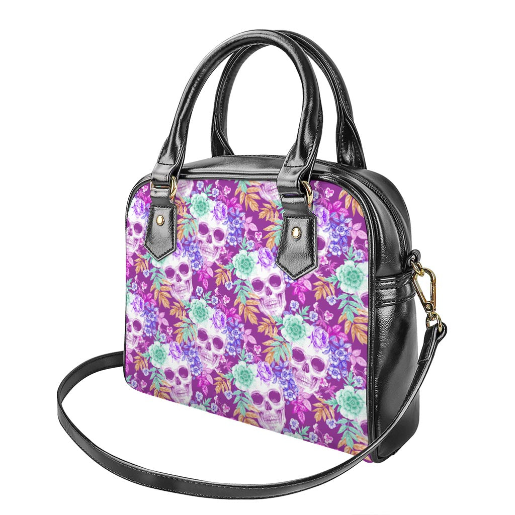 Neon Skull Floral Pattern Print Shoulder Handbag