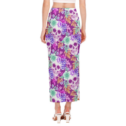 Neon Skull Floral Pattern Print Side Slit Maxi Skirt