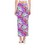 Neon Skull Floral Pattern Print Side Slit Maxi Skirt