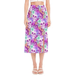 Neon Skull Floral Pattern Print Side Slit Midi Skirt