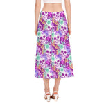 Neon Skull Floral Pattern Print Side Slit Midi Skirt