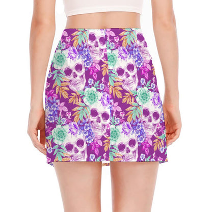 Neon Skull Floral Pattern Print Side Slit Mini Skirt