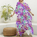 Neon Skull Floral Pattern Print Silk V-Neck Kaftan Dress
