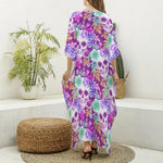 Neon Skull Floral Pattern Print Silk V-Neck Kaftan Dress