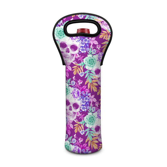 Neon Skull Floral Pattern Print Single Neoprene Wine Tote