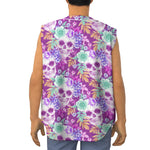 Neon Skull Floral Pattern Print Sleeveless Baseball Jersey