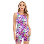 Neon Skull Floral Pattern Print Sleeveless One Piece Swimsuit