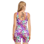 Neon Skull Floral Pattern Print Sleeveless One Piece Swimsuit