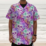 Neon Skull Floral Pattern Print Textured Short Sleeve Shirt