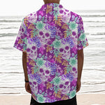 Neon Skull Floral Pattern Print Textured Short Sleeve Shirt