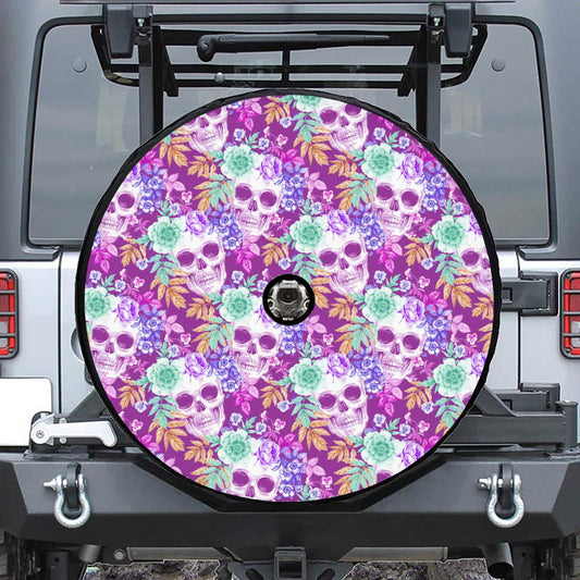 Neon Skull Floral Pattern Print Tire Cover With Camera Hole