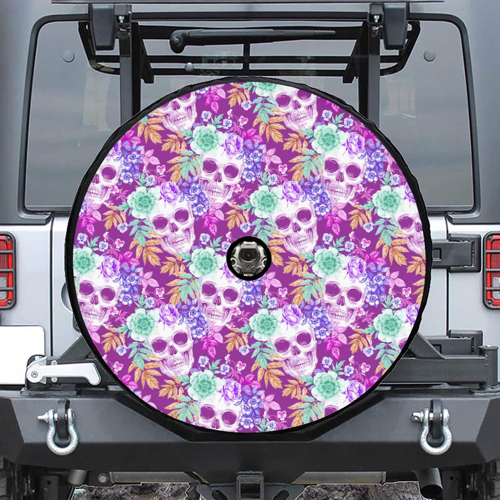 Neon Skull Floral Pattern Print Tire Cover With Camera Hole