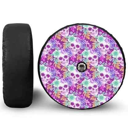 Neon Skull Floral Pattern Print Tire Cover With Camera Hole