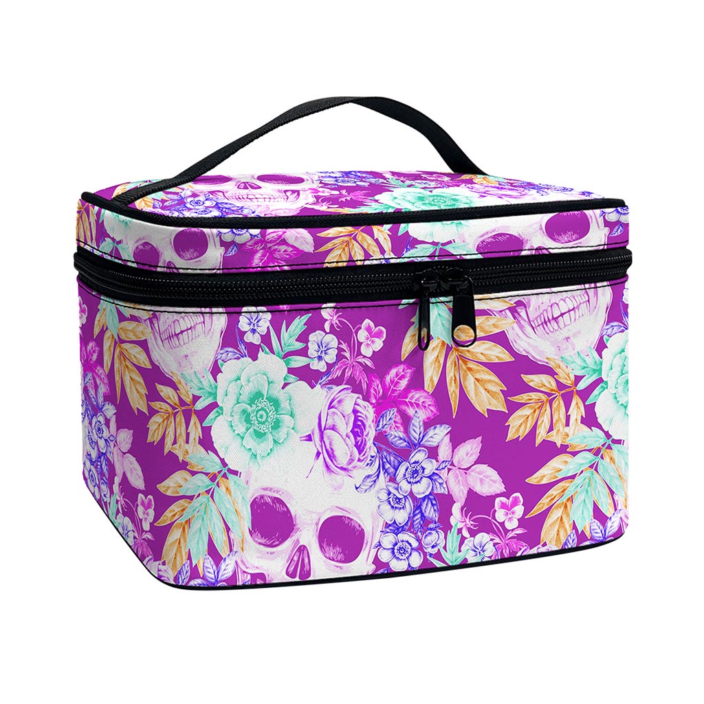 Neon Skull Floral Pattern Print Travel Makeup Bag