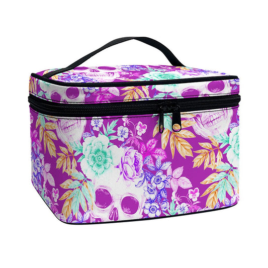 Neon Skull Floral Pattern Print Travel Makeup Bag