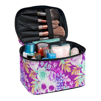 Neon Skull Floral Pattern Print Travel Makeup Bag
