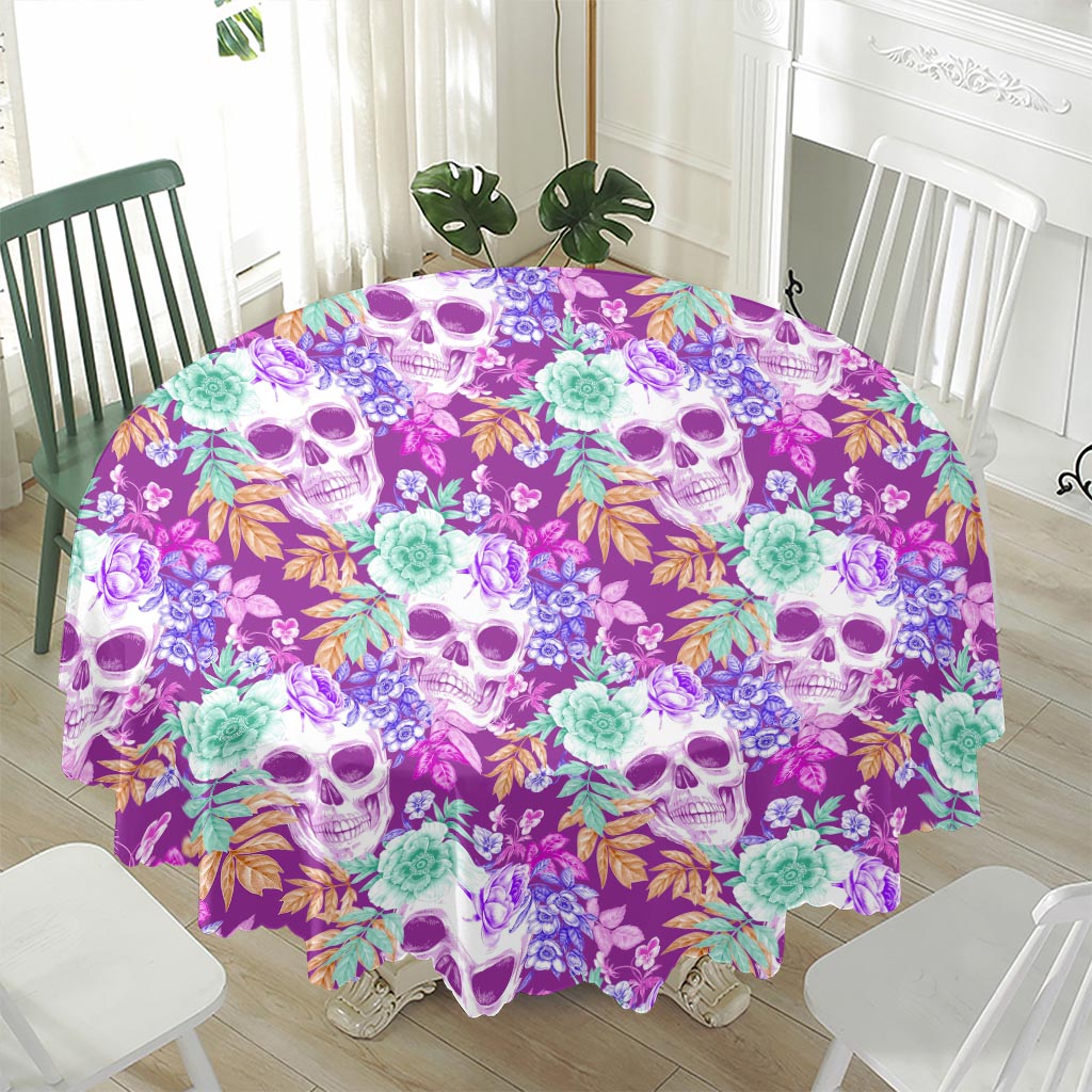 Neon Skull Floral Pattern Print Waterproof Round Tablecloth