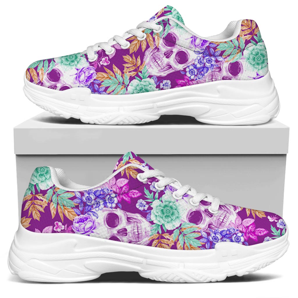 Neon Skull Floral Pattern Print White Chunky Shoes