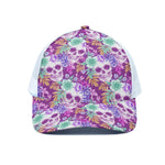 Neon Skull Floral Pattern Print White Mesh Trucker Cap