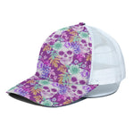 Neon Skull Floral Pattern Print White Mesh Trucker Cap