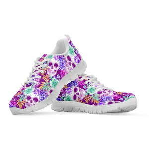 Neon Skull Floral Pattern Print White Running Shoes