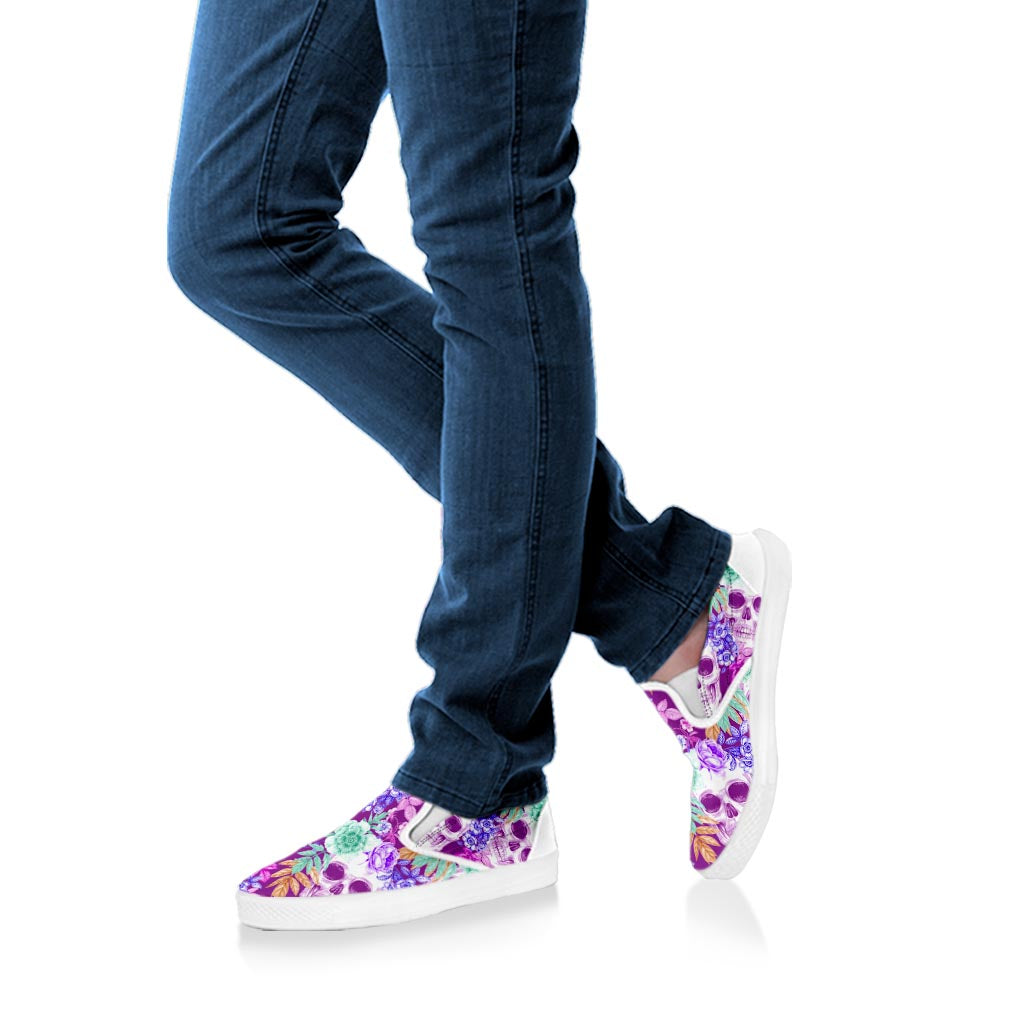Neon Skull Floral Pattern Print White Slip On Sneakers