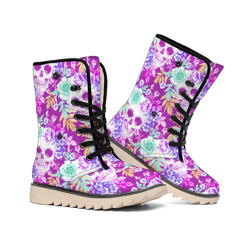 Neon Skull Floral Pattern Print Winter Boots