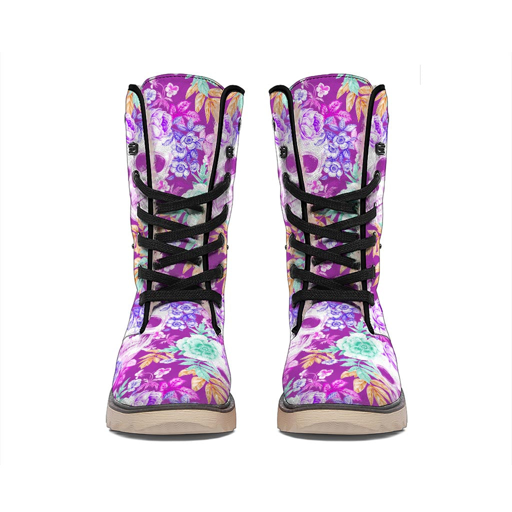 Neon Skull Floral Pattern Print Winter Boots