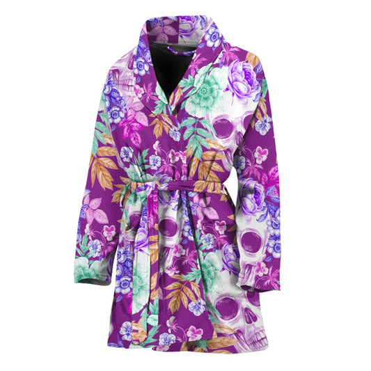 Neon Skull Floral Pattern Print Women's Bathrobe