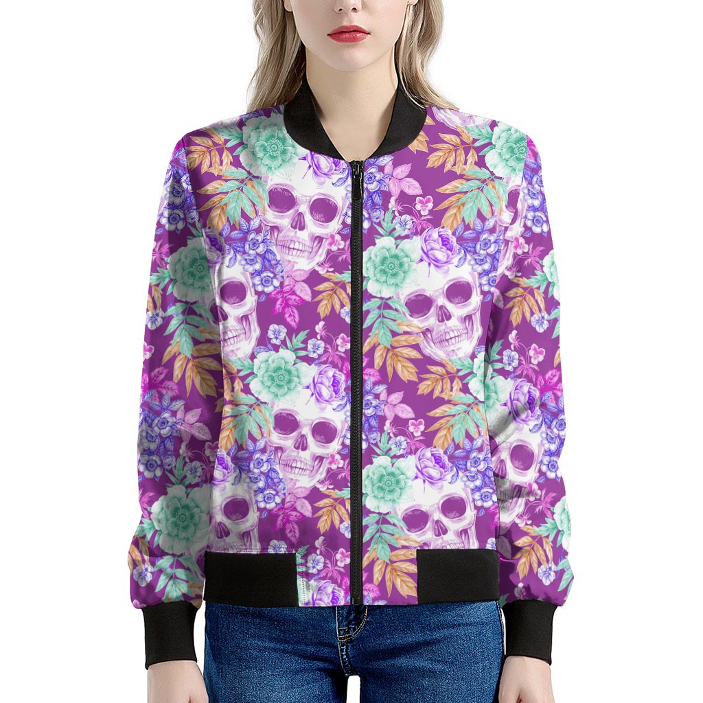 Neon Skull Floral Pattern Print Women's Bomber Jacket