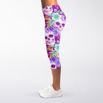 Neon Skull Floral Pattern Print Women's Capri Leggings