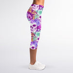 Neon Skull Floral Pattern Print Women's Capri Leggings