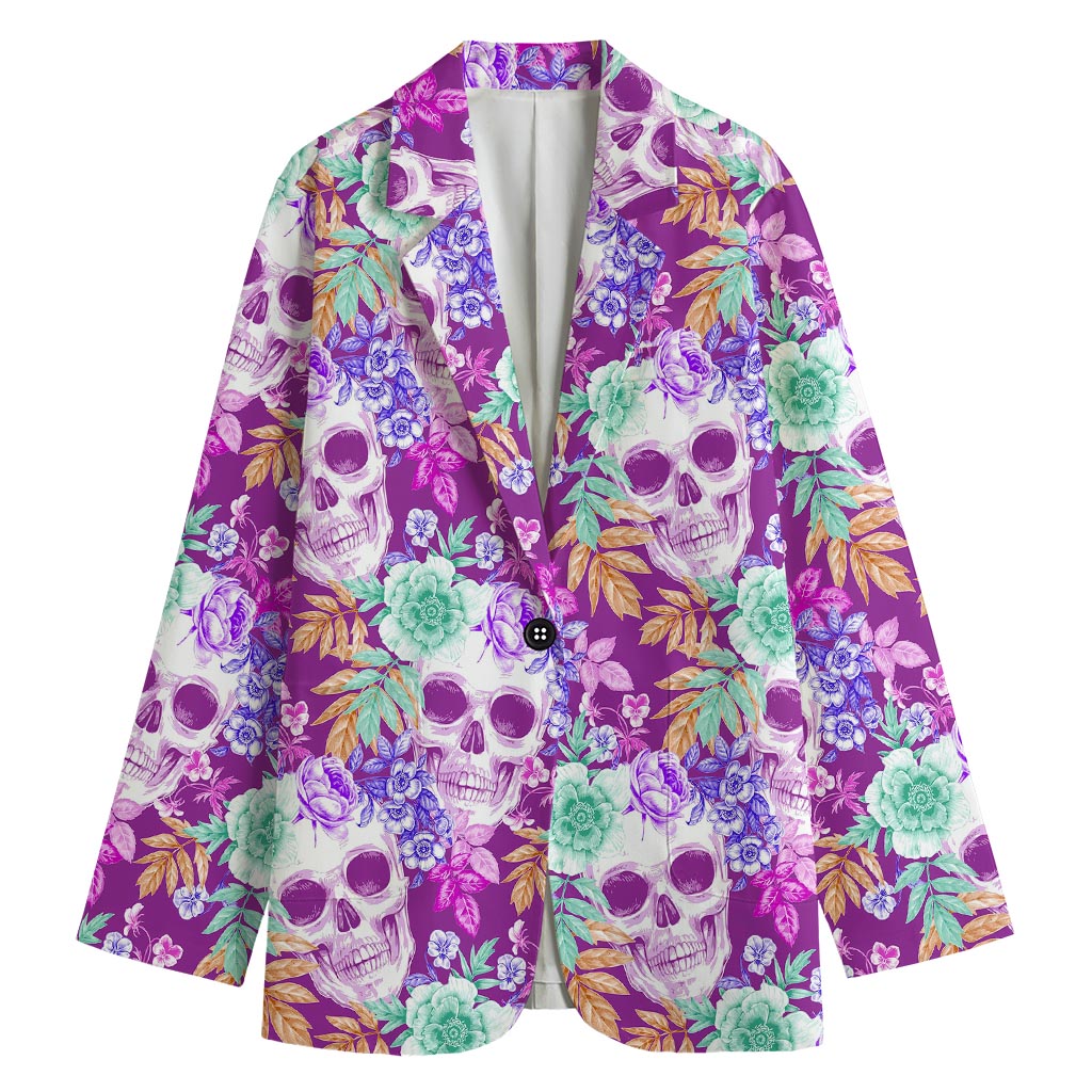 Neon Skull Floral Pattern Print Women's Cotton Blazer