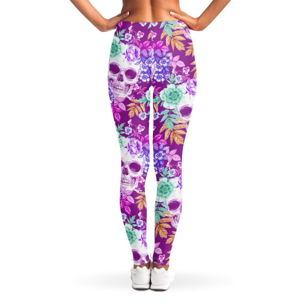 Neon Skull Floral Pattern Print Women's Leggings