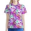 Neon Skull Floral Pattern Print Women's Polo Shirt